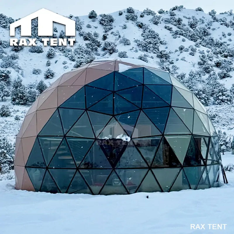 wooden glass dome tent in winter