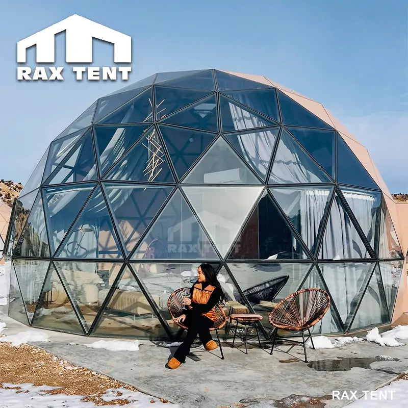 glamping wooden glass dome tent in winter