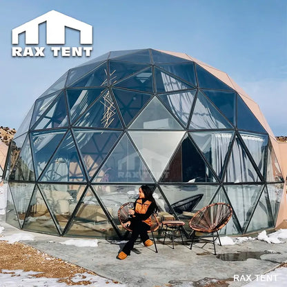 glamping wooden glass dome tent in winter