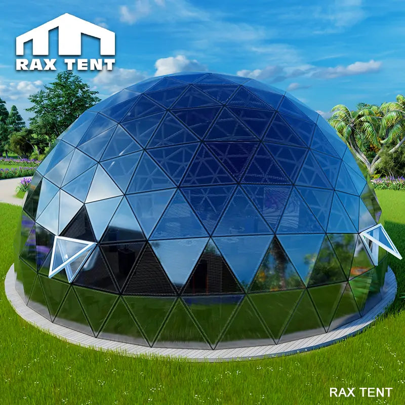 eco geodesic dome with solar powered glass